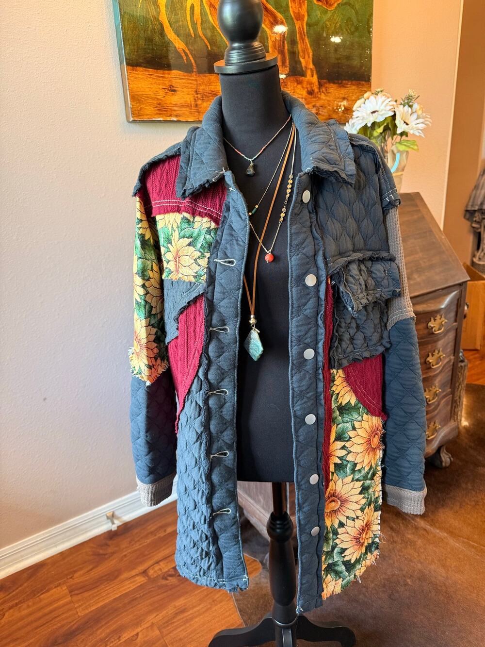 New!!! Pol Quilted jacquard charcoal jacket with Sunflower And Patchwork